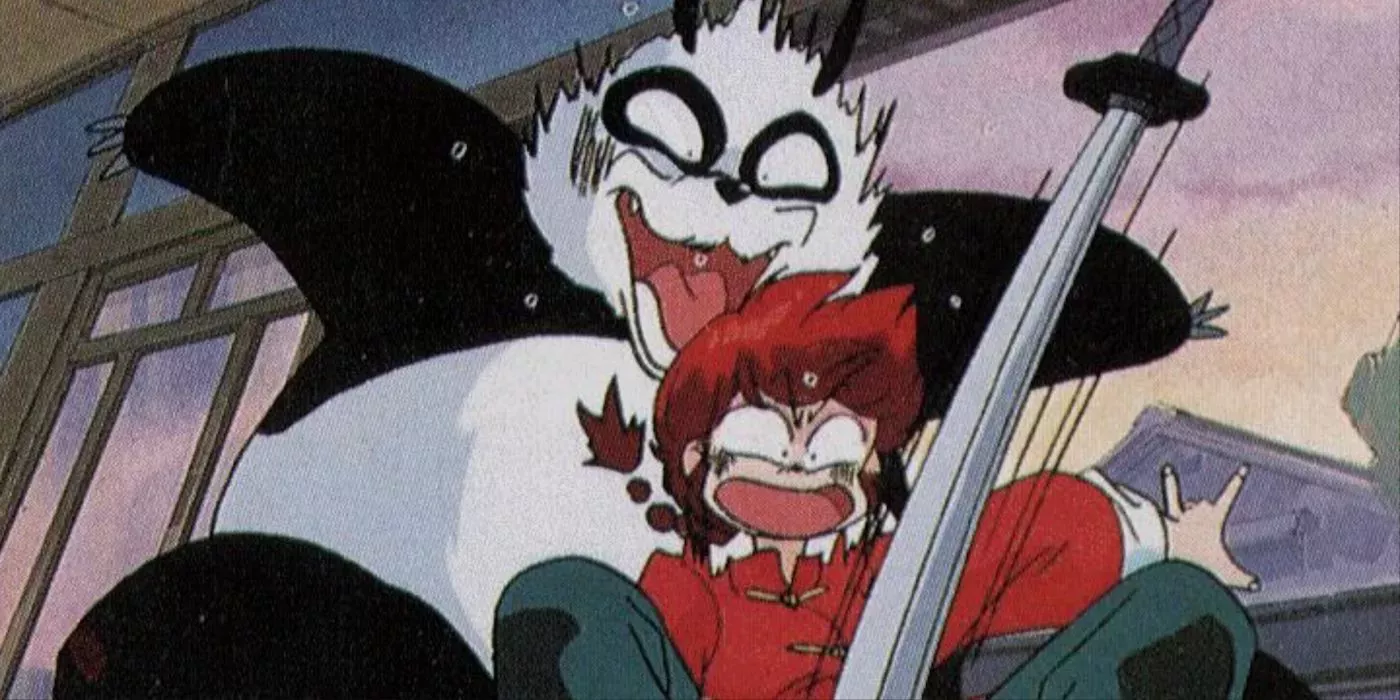 Panda Genma and female Ranma get scared from a sword in Ranma 1/2.