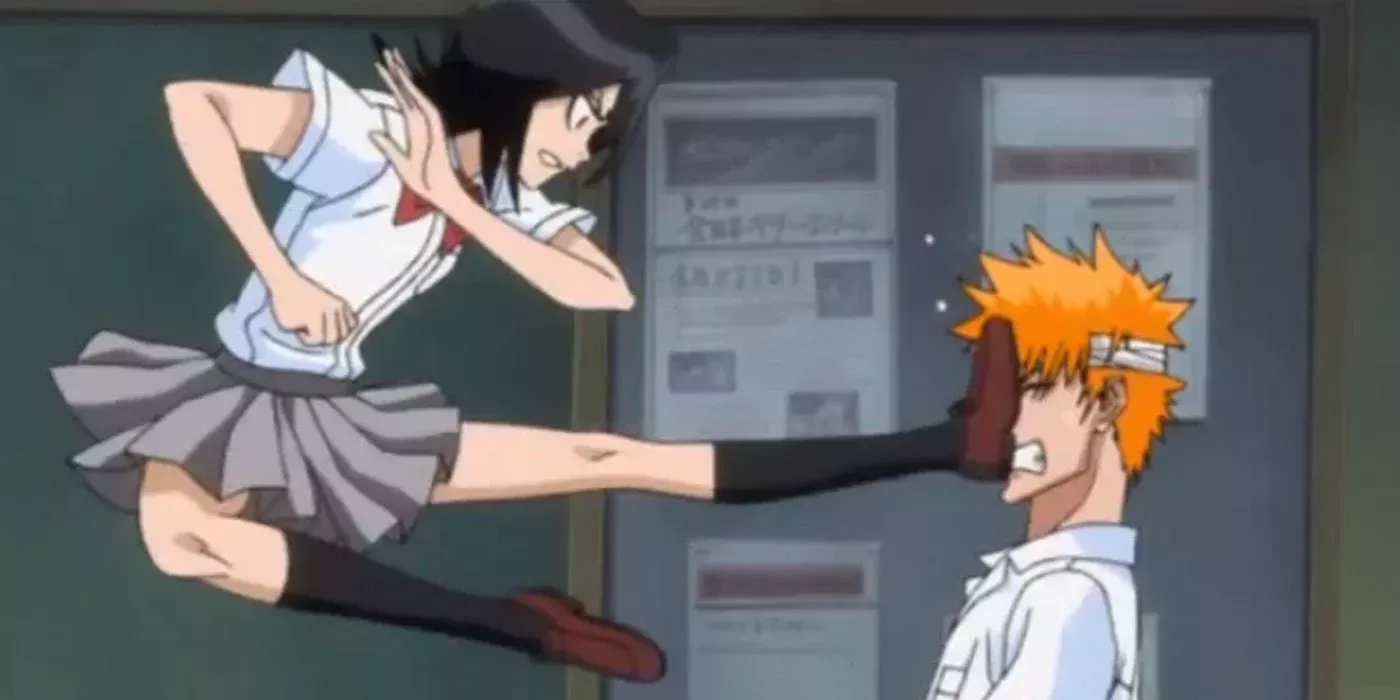 Rukia kicks Ichigo in the face at school.