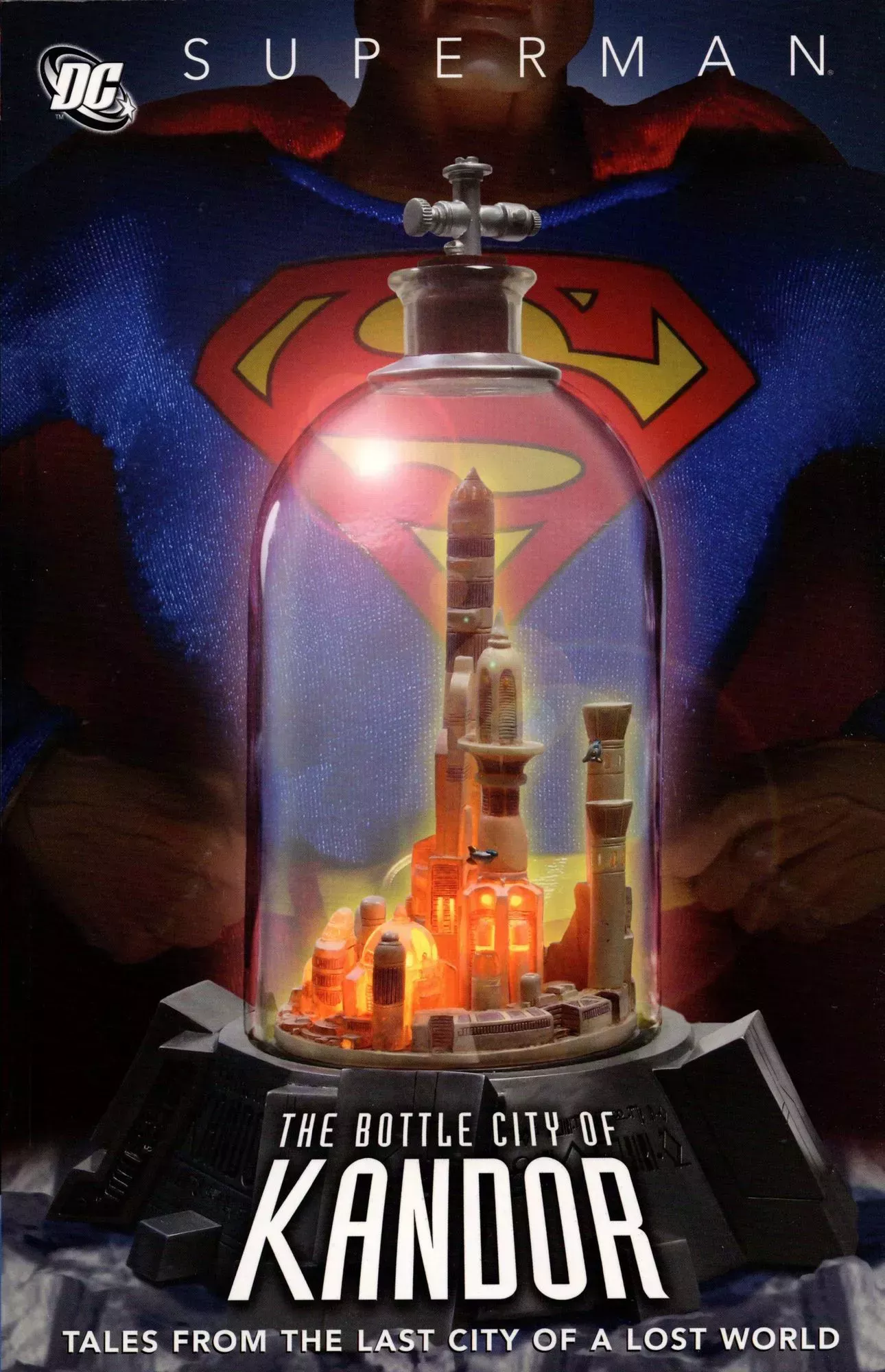 Superman stands behind the miniature bottle city of kandor