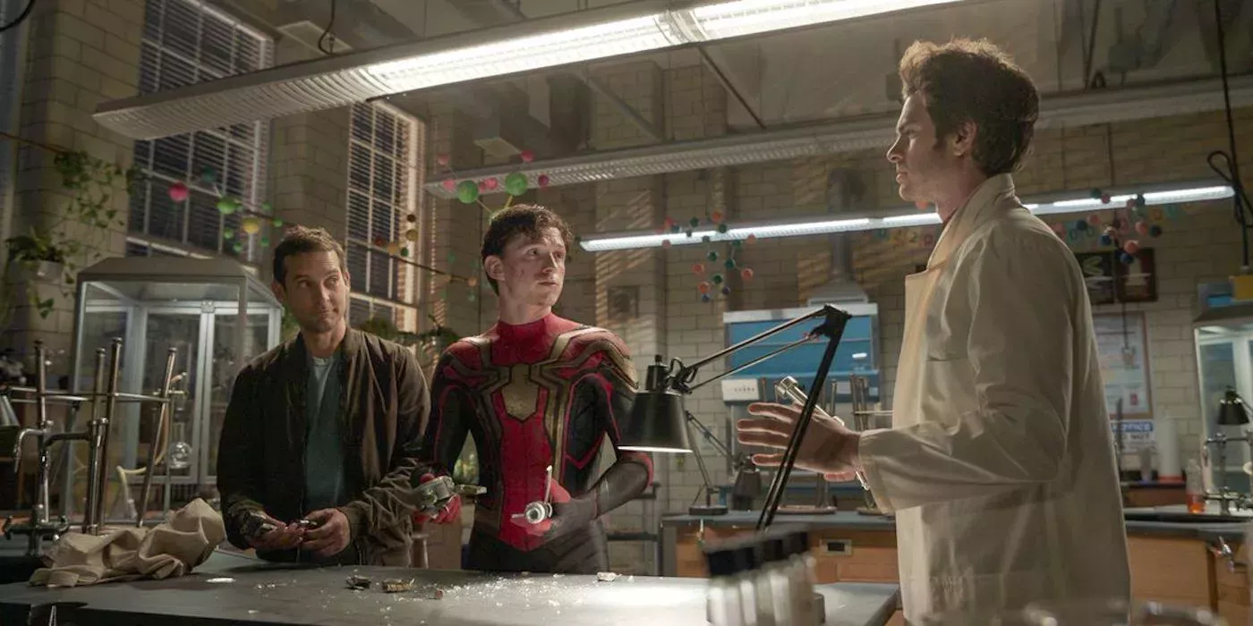 Tom Holland, Tobey Maguire, and Andrew Garfield in Spider-Man: No Way Home.