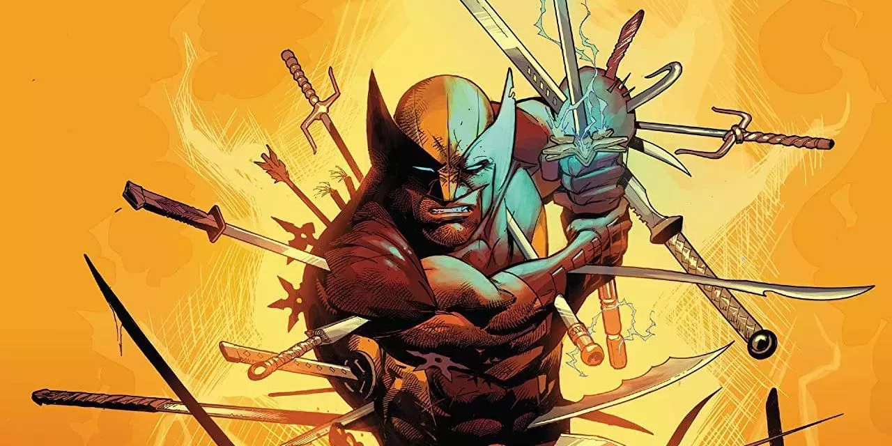 Wolverine holding a sword and stabbed by many swords on Wolverine #6 cover by Marvel