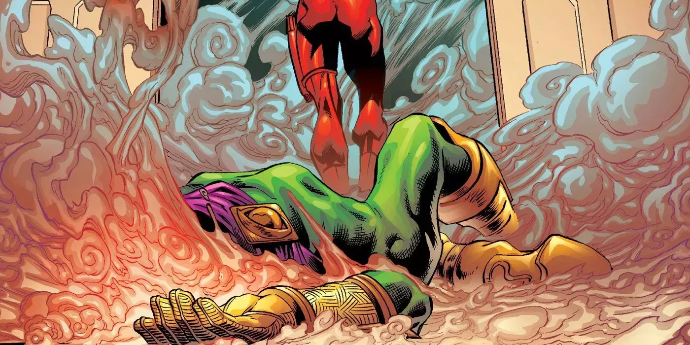 Daredevil coldy walking away from the body of Mysterio as smoke pours from his missing head