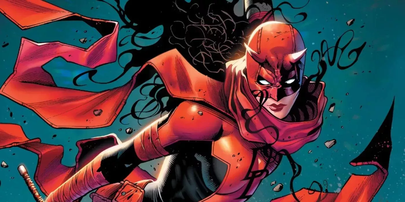 Elektra in her Daredevil costume in the wind on a rocky battlefield in front of a dark blue sky