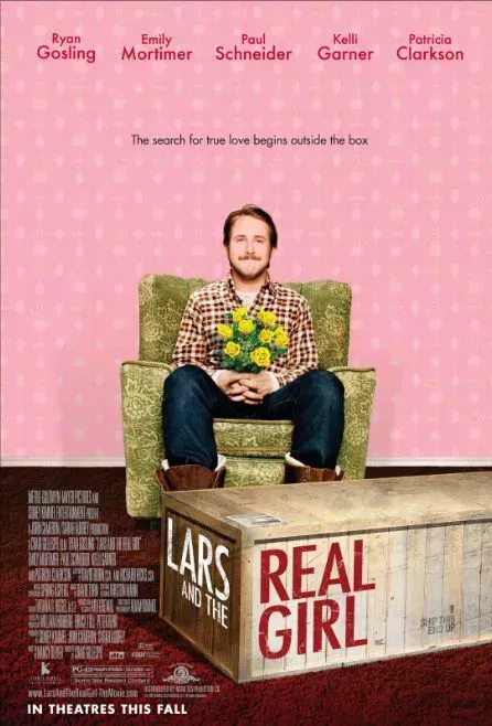 Ryan Gosling holding flowers on the Lars and the Real Girl movie poster