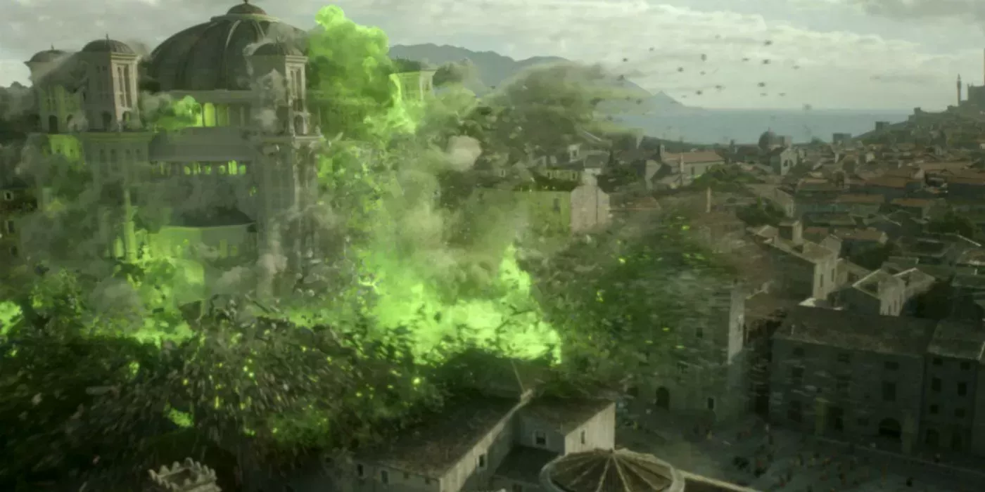 The Sept of Baelor being bombed with Wildfire in Game of Thrones.