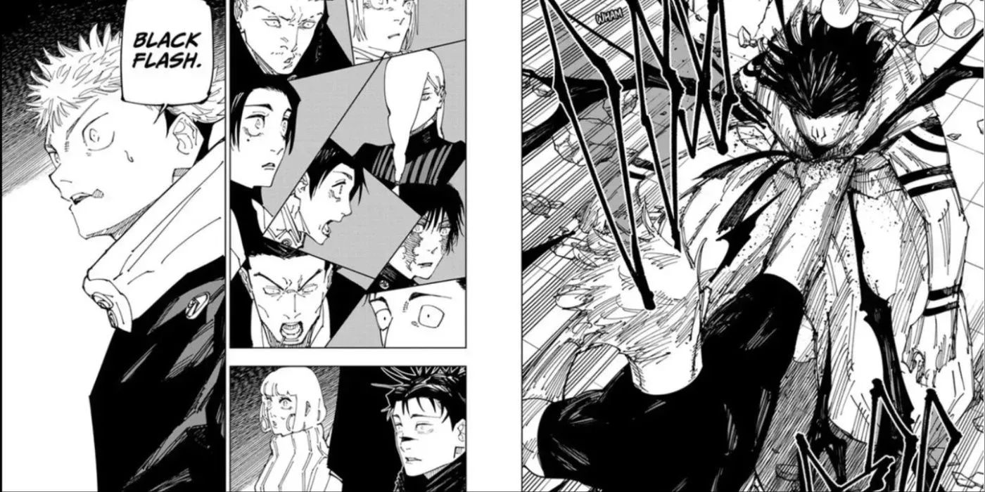 Gojo uses black flash against Sukuna in Jujutsu Kaisen.