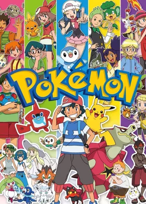Ash and Pikachu pose in front of all the character in Pokemon anime