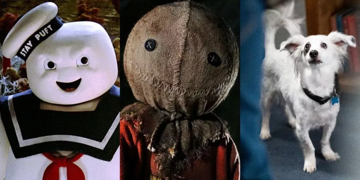 A split image of the Stay Puft Marshmallow Man in Ghostbusters, Sam in Trick 'r Treat, and Reuben in Into the Dark: Good Boy.