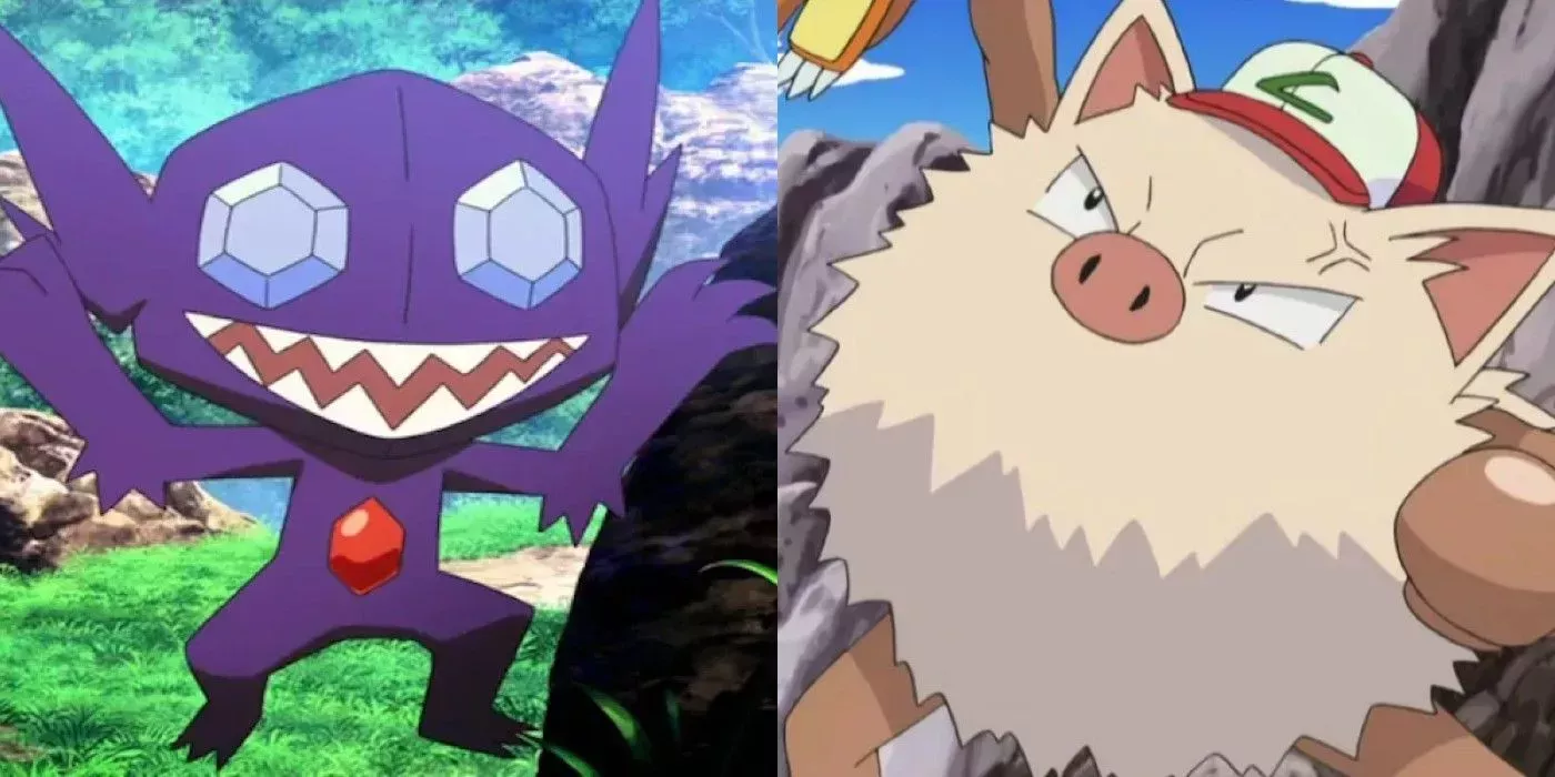 A split image of Sableye and or Primeape from Pokémon