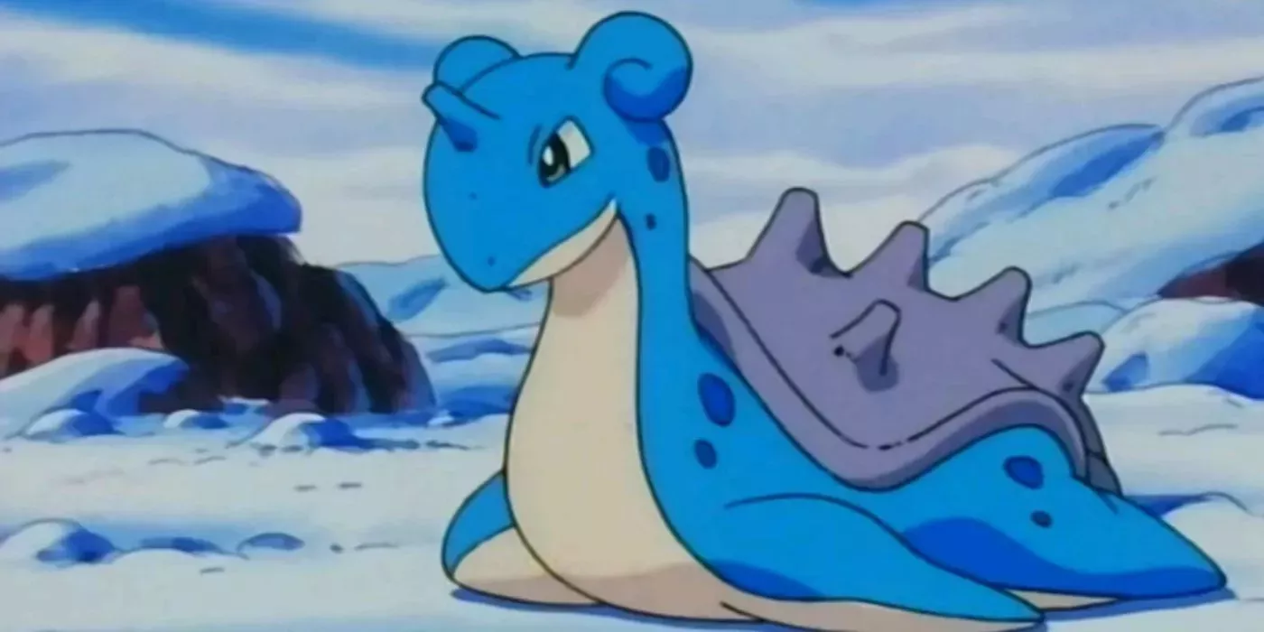 A Lapras sits on some snow in an older episode of the Pokemon anime.
