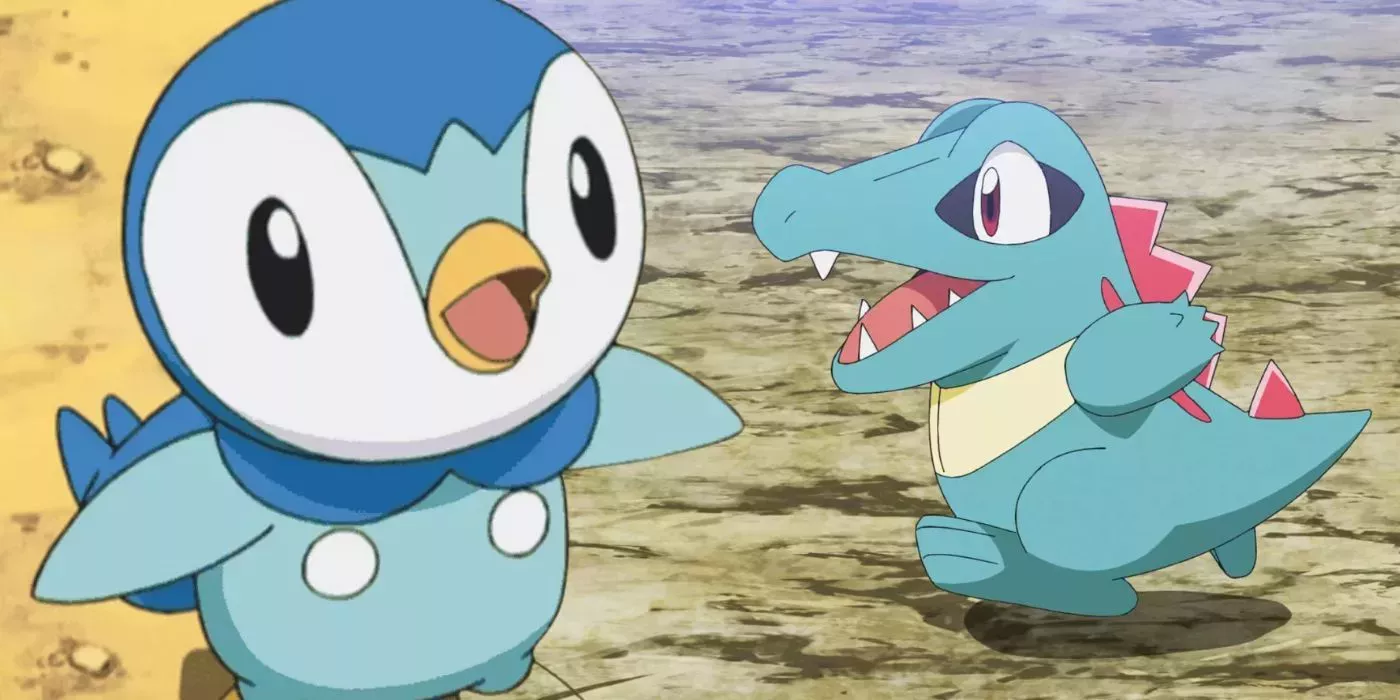 Collage of Piplup and Totodile in Pokémon anime