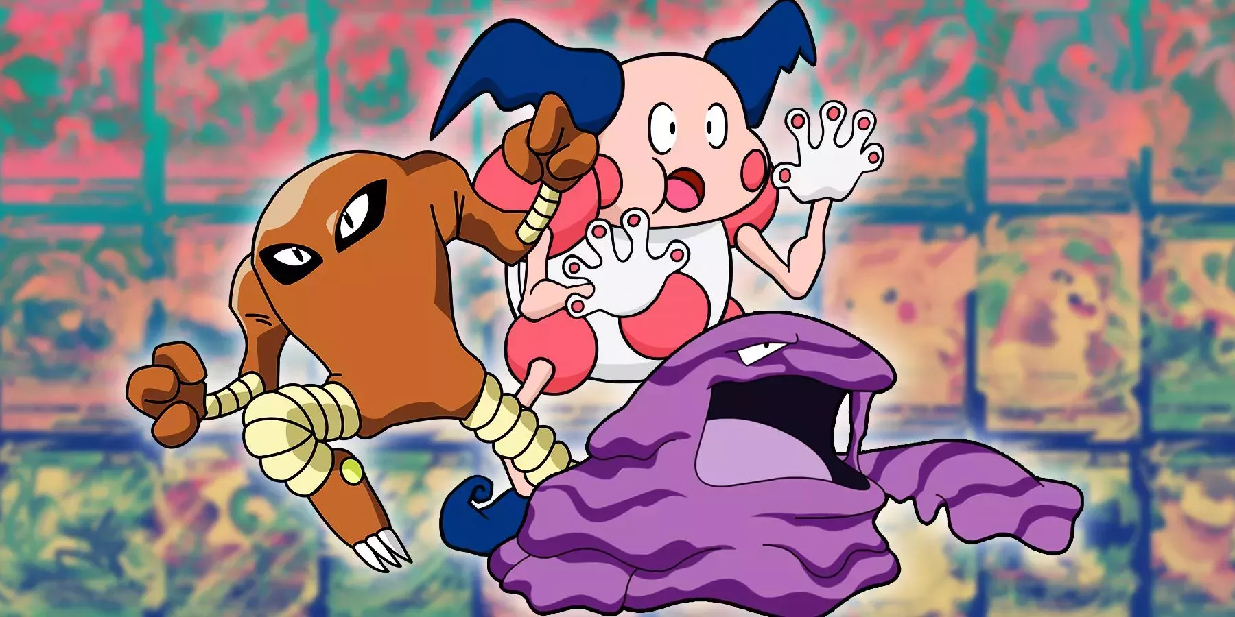 Hitmonlee, Muk, amd Mr. Mime from anime Pokémon in front of a collage of Pokémon cards