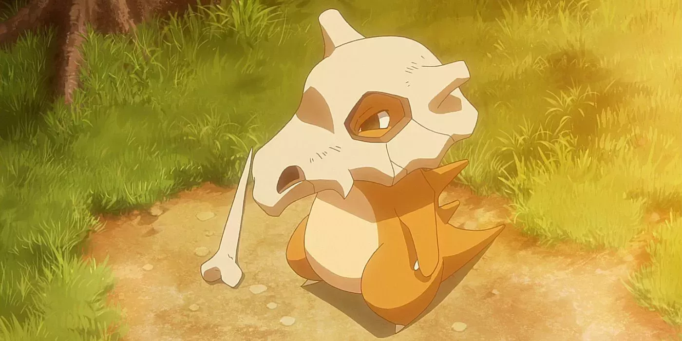Cubone on a sandy patch in a grassy field as it appears in Pokemon Origins File 2: Cubone.