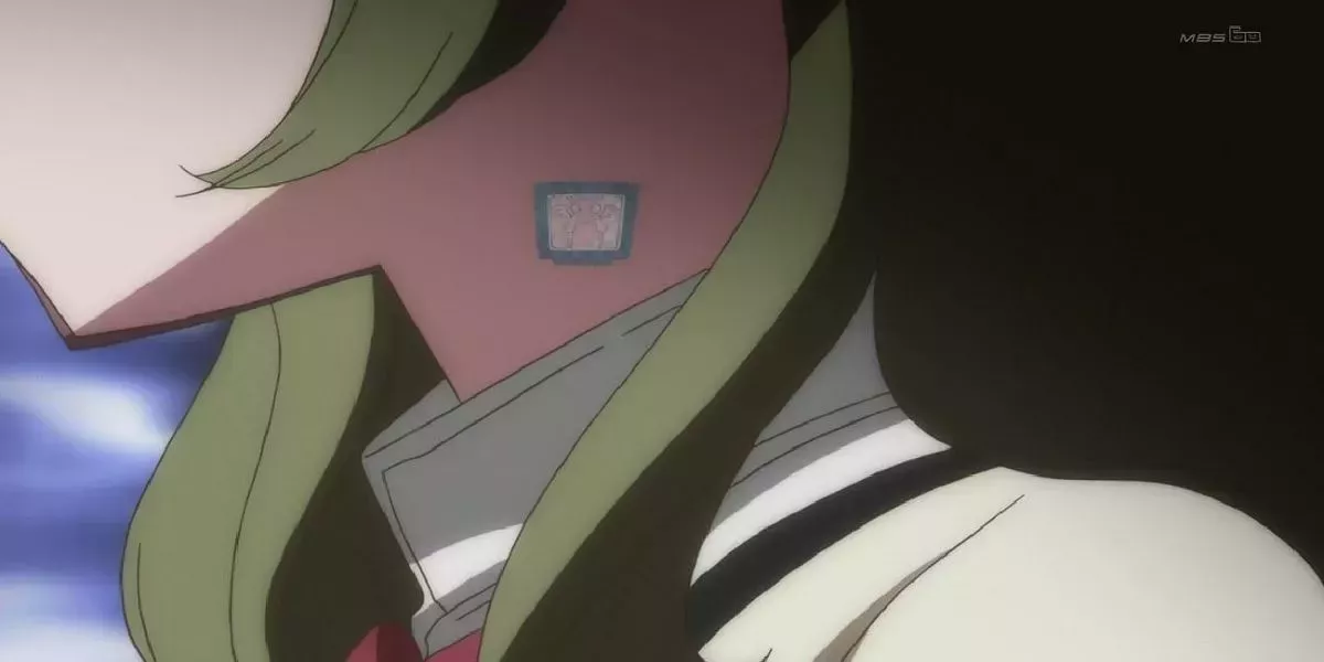 A close-up of Hitomi's neck with a Witch's Kiss on it from Puella Magi Madoka Magica.