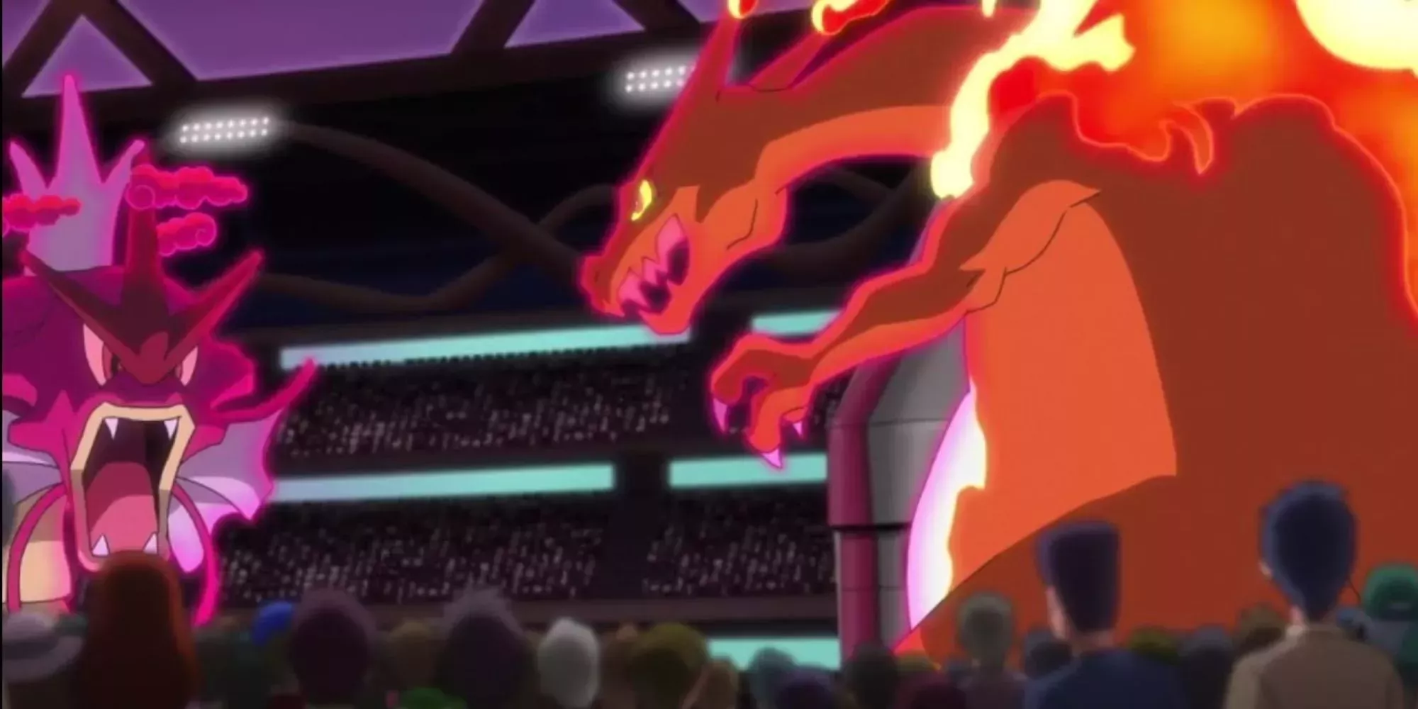 Gyarados and Charizard square off during Leon and Lance's Pokemon battle from Pokemon XY&Z