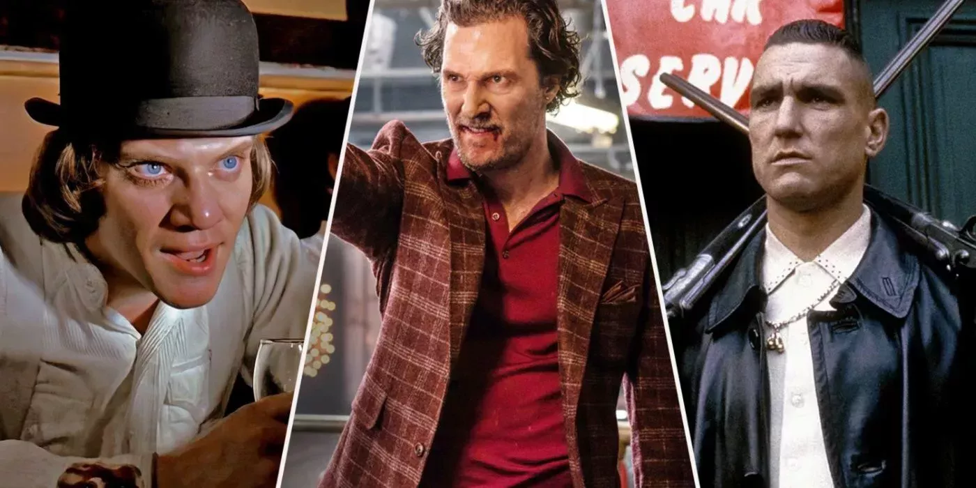 A split image of Alex in A Clockwork Orange, Matthew McConaughey in The Gentlemen, and a character in Lock, Stock and Two Smoking Barrels