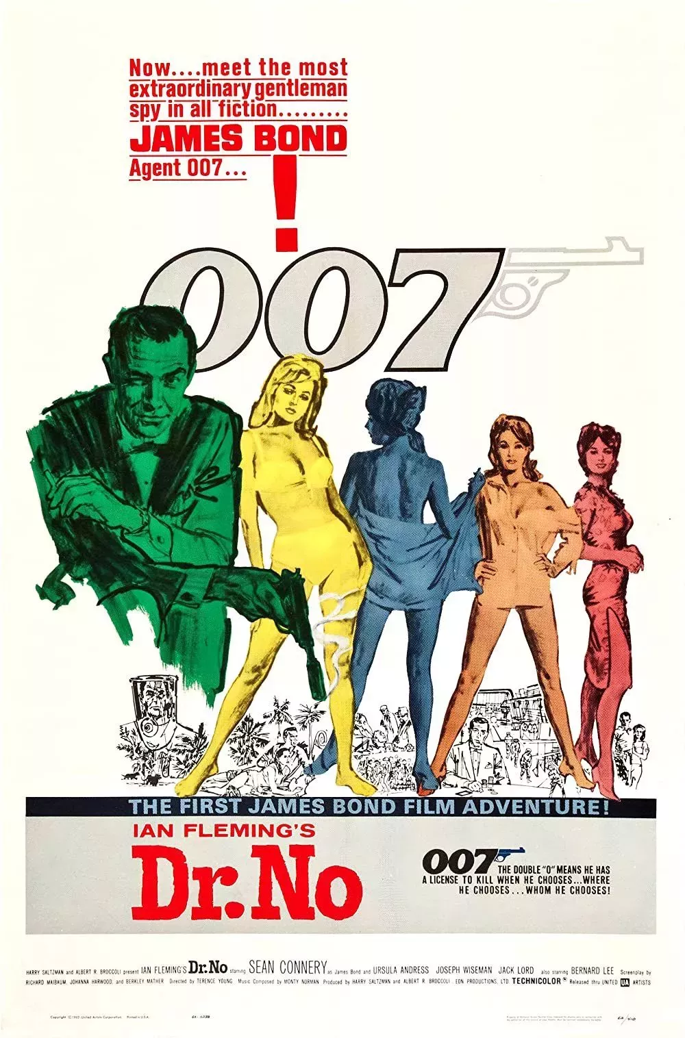 James Bond (Sean Connery) illustrated near Bond Girls on 007 Dr. No poster