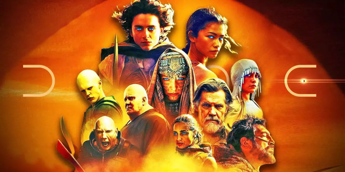 The main cast of Dune: Part Two with Arrakis in the background.