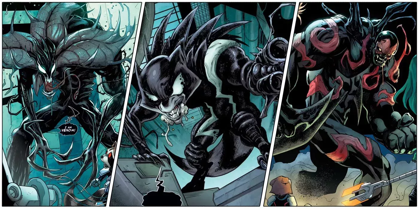Three images show Venom taking over the Guardians of the Galaxy