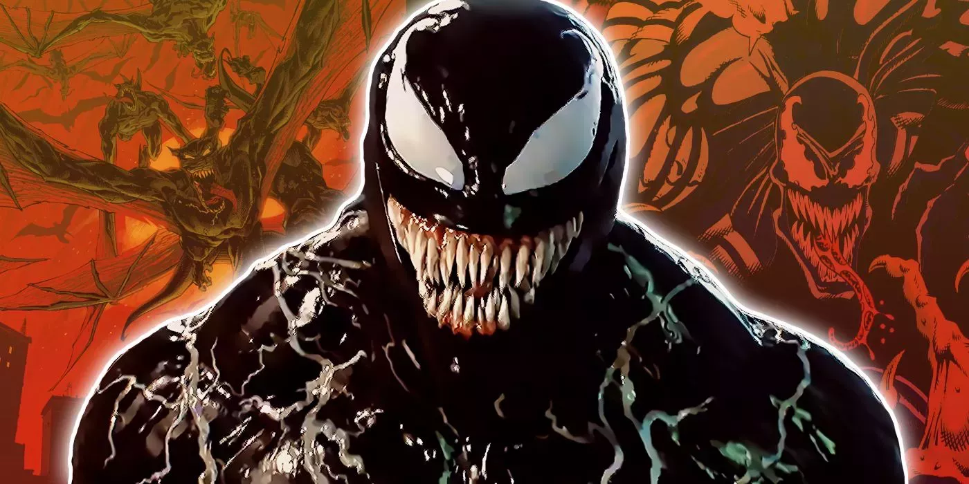 Venom from the movies with Knull's dragons and the comic version of Venom in the background