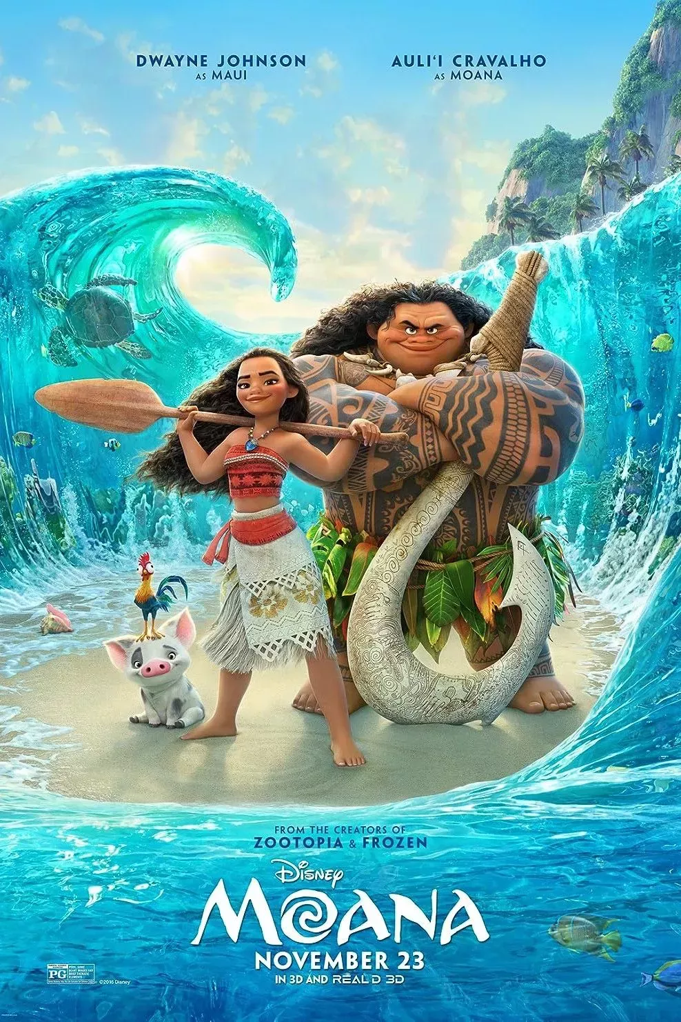 Moana, Maui, Hei Hei, and Pua posing in the Moana movie poster