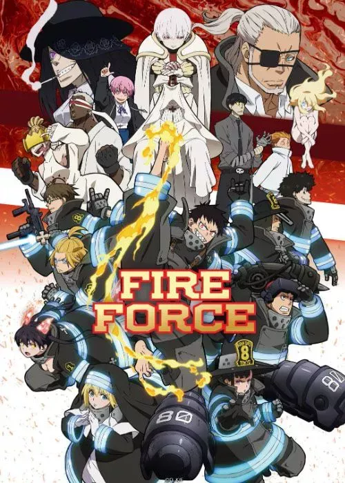 Fire Force anime cast huddled together 