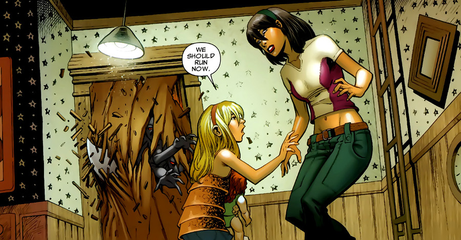 En él por ejemplo, encontramos a una de las protagonistas tratando de escapar a través de los recovecos de los recuerdos de la casa de Legión en compañía de un infante, mientras una suerte horror oculto en los mismos los persigue implacablemente. Dicha sencuencia, en su base misma, está prácticamente sacada del tercer volumen de los Nuevos Mutantes -donde era la X-Men Karma quien se veía forzada a darse a la fuga junto a una niña cuya psíque había quedado atrapada dentro de la mente de Legión, mientras las personalidades múltiples de este lo perseguían- como también lo es en la que accidentalmente Syd se topa con David en un momento embarazoso de índole sexual (aunque en los comics esta fuera protagonizada por Vendas, y de forma algo menos carnal). 