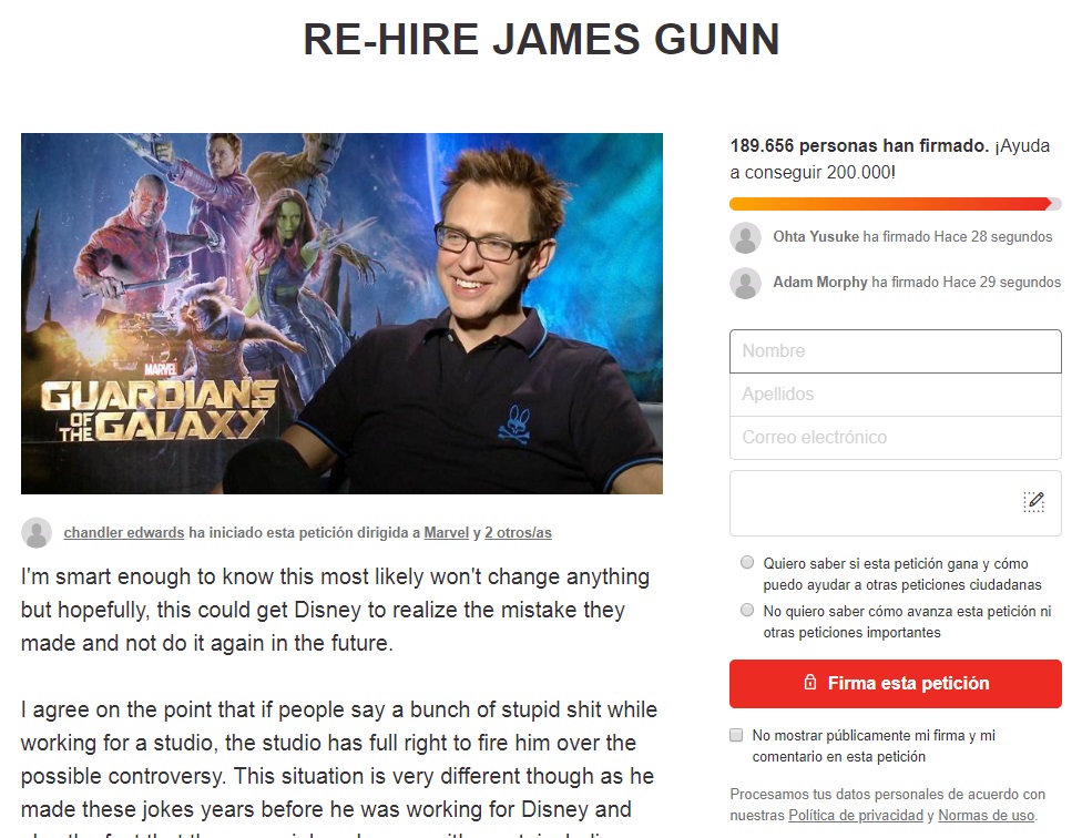 La campaña para que James Gunn vuelva a 'Guardianes de la Galaxia 3' supera en dos días a los detractores de 'Star Wars: Los Últimos Jedi'