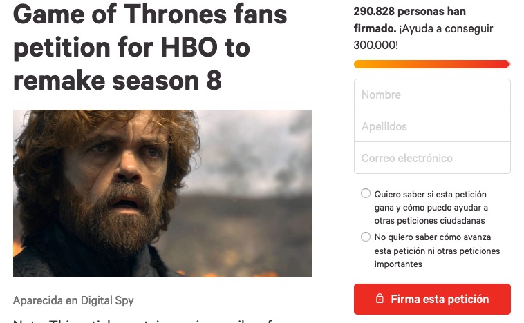 Aficionados recogen firmas para que rehagan la octava temporada de Juego de Tronos