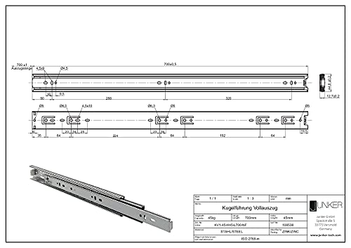 1 par (2 piezas) SO-TECH® Guía para Cajón de Extracción total Carril de Cajón Argénteo 700 mm (cerrado) Rodamiento de Bolas Capacidad de carga 45 kg