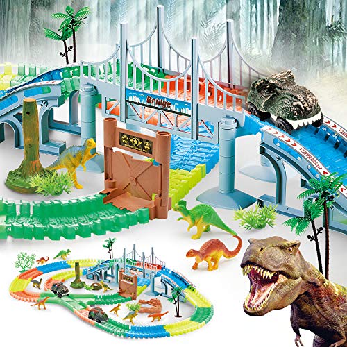 17Tek Juego de pistas flexibles que brillan en la oscuridad con 2 coches de dinosaurios iluminados, camino cruzado, puente, puerta, paquete de bosques de dinosaurios y árboles