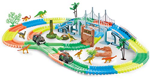17Tek Juego de pistas flexibles que brillan en la oscuridad con 2 coches de dinosaurios iluminados, camino cruzado, puente, puerta, paquete de bosques de dinosaurios y árboles