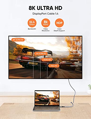 2M Cable DisplayPort 1.4 -Snowkids Cable DP 1.4 8K@60Hz 284K@144Hz 1080P@240Hz Trenzado de Nailon/Aleación de Aluminio Accesorios de Computadora portátil TV/PC etc Monitor de juegos