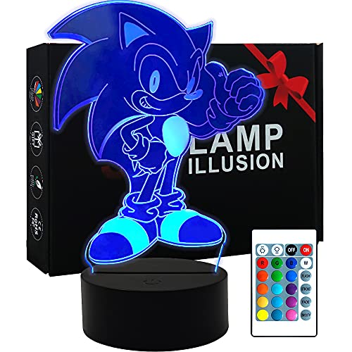 3D Illusion Sonic Hedgehog Night Light, lámpara de mesa de anime con control remoto para decoración de dormitorio infantil, iluminación creativa para niños y fanáticos