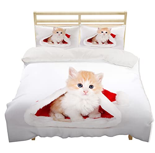 3D Print Single Bedding Duvet Cover Set Microfiber Christmas Hat Cat3 Pieces Easy Care and Super Soft Zipper Closure Quilt Cover with 2 Luxury Pillowcases