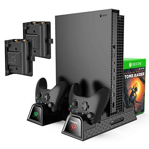 [4 en 1] KINGTOP Ventilador de Refrigeración Estación de carga Soporte Vertical Cargador de Batería Mando Xbox One Estación Cargador con 2 Baterías 600mAh para Xbox One, One S, One X, Xbox Elite