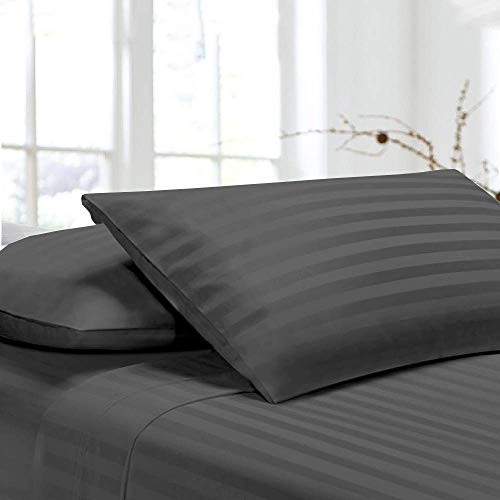 4 PC Bed Sheet Set, 100% Long-Staple Combed Cotton, 400 Thread Count ,Breathable, Soft & Silky Sateen Weave Fits Mattress with 40 CM Deep Pocket, Dark Grey Stripe - Super King Size