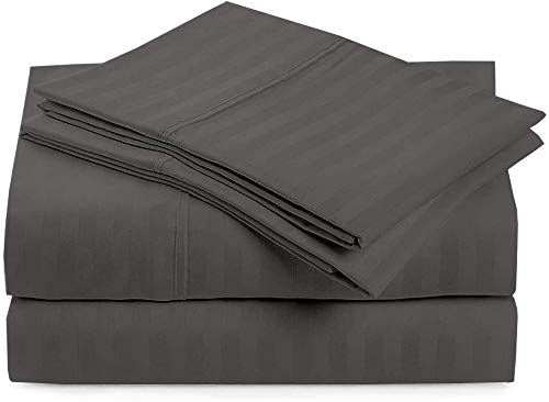 4 PC Bed Sheet Set, 100% Long-Staple Combed Cotton, 400 Thread Count ,Breathable, Soft & Silky Sateen Weave Fits Mattress with 40 CM Deep Pocket, Dark Grey Stripe - Super King Size