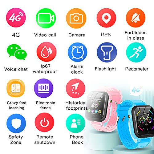4G GPS Reloj Inteligente para Niños Impermeable, Smart Watch con WiFi Videollamada Chat de Voz Podómetro SOS Alarma Juego