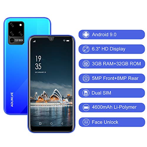 4G Moviles Libres Baratos 6,3 Pulgadas Android 9.0,32GB ROM +3 GB RAM Smartphone Libres Quad Core Teléfono Móvil 4600mAh Face ID, Moviles Baratos y Buenos GPS/WiFi/Hotspot (2*SIM+1*SD) (Azul)