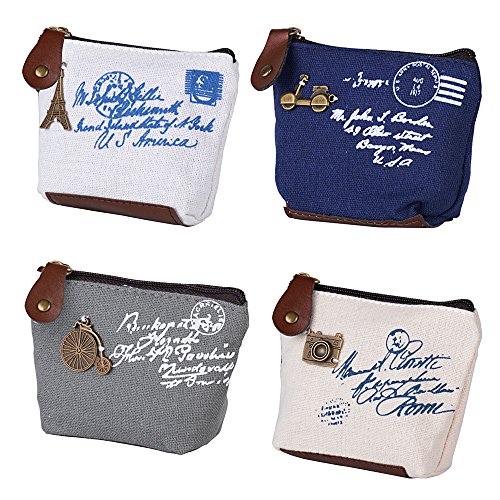 4pcs Mini Monedero Pequeño Cartera Bolsa de Tela Lino Arpillera para Moneda Efectivo Tarjeta Llaves (4 estilos 10x3x8cm)