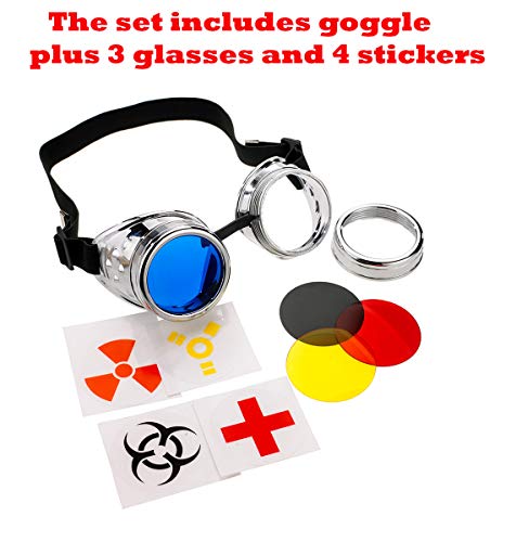 4sold (TM) Steam Punk Antique Copper Cyber Goggles Rave Goth Vintage Victorian – Gafas estilo gótico vintage. silver with free uv lensses and stickers Medium