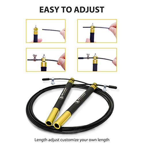 5BILLION Cuerda para Saltar de Velocidad-Aluminio-Ajustable con Rodamiento de Bolas-Entrenamiento para el Entrenamiento Doble, Entrenamiento Cruzado, Ejercicio, WOD, MMA y Entrenamiento del Box (Oro)