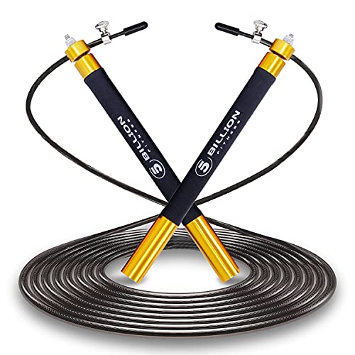 5BILLION Cuerda para Saltar de Velocidad-Aluminio-Ajustable con Rodamiento de Bolas-Entrenamiento para el Entrenamiento Doble, Entrenamiento Cruzado, Ejercicio, WOD, MMA y Entrenamiento del Box (Oro)