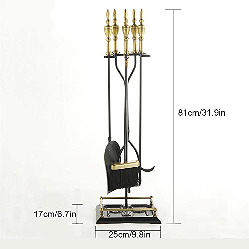 5Pcs Forged Fireplace Tools Brassy Gold Handle Wrought Iron Fire Tool Set and Black Holder Outdoor Fireset Fire Pit Stand