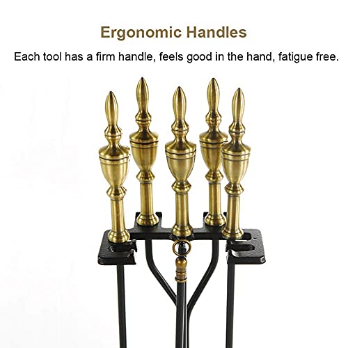 5Pcs Forged Fireplace Tools Brassy Gold Handle Wrought Iron Fire Tool Set and Black Holder Outdoor Fireset Fire Pit Stand