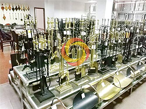 5Pcs Forged Fireplace Tools Brassy Gold Handle Wrought Iron Fire Tool Set and Black Holder Outdoor Fireset Fire Pit Stand