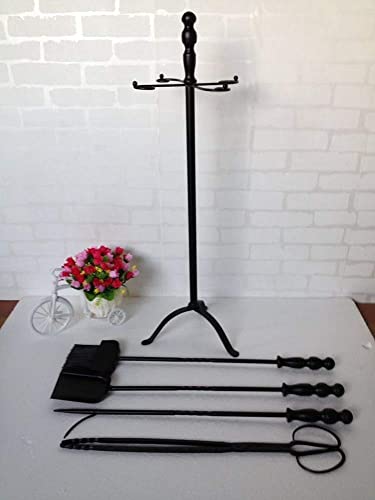 5Pcs Wrought Iron Fire Tool Set Nice and Sturdy Fireplace Tool Set Holder with Black Handles Easy to Assemble Fireplace Set (Color : Black) (Black)