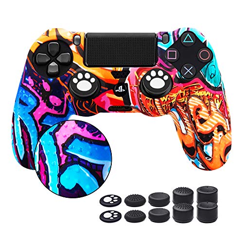 6amLifestyle Funda Protectora Antideslizante de Silicona para Mando PS4, Carcasa para Sony PS4 / PS4 Pro / PS4 Slim Controller (1 Pintada Funda de Mando PS4 + 10 Thumb Grips PS4)