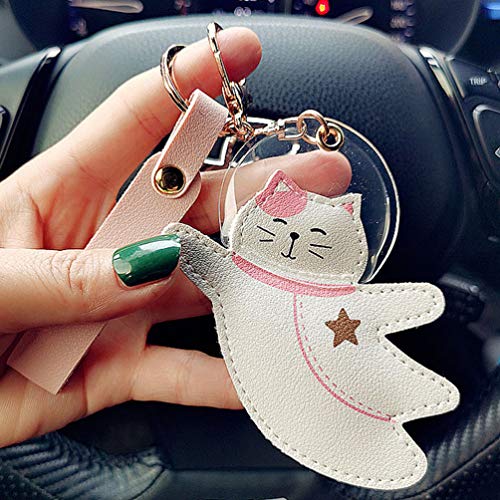 ABOOFAN Animal Keychain Cat Key Fob for Purse Bag Handbag Cell Phone Pendant Pu Leather Charm White